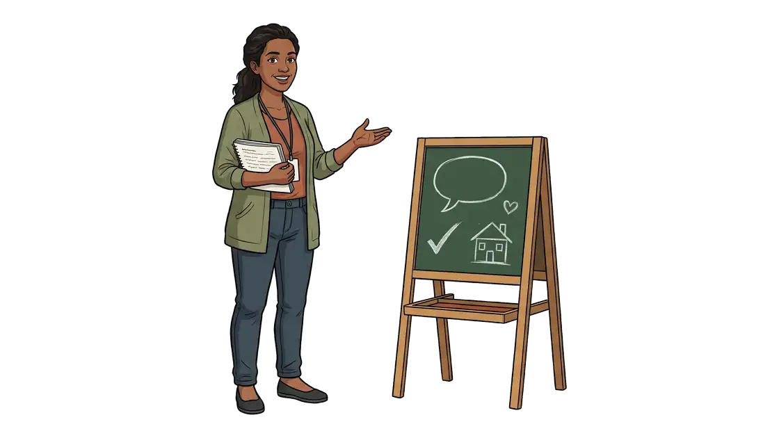 Uma professora sorrindo ao lado de um pequeno quadro-negro com desenhos de giz, convidando para a aula