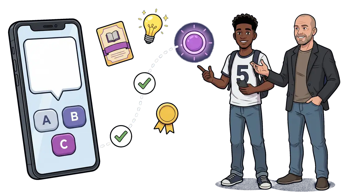 Um celular com as opções A, B e C, um caminho de etapas concluídas que leva a uma conquista, e o Cinco e o advogado Rodney ao lado